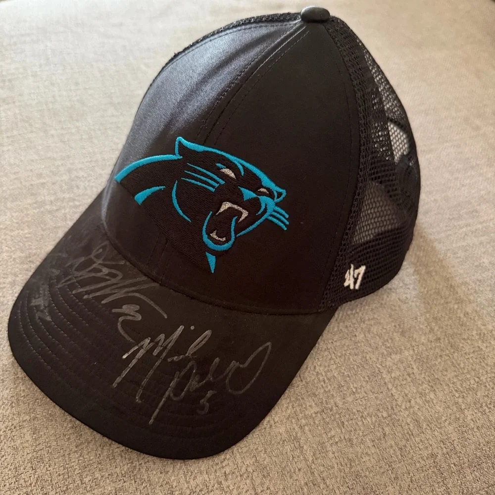 North Carolina NC Panthers Black Trucker Hat with Teal Logo 47 signed autograph